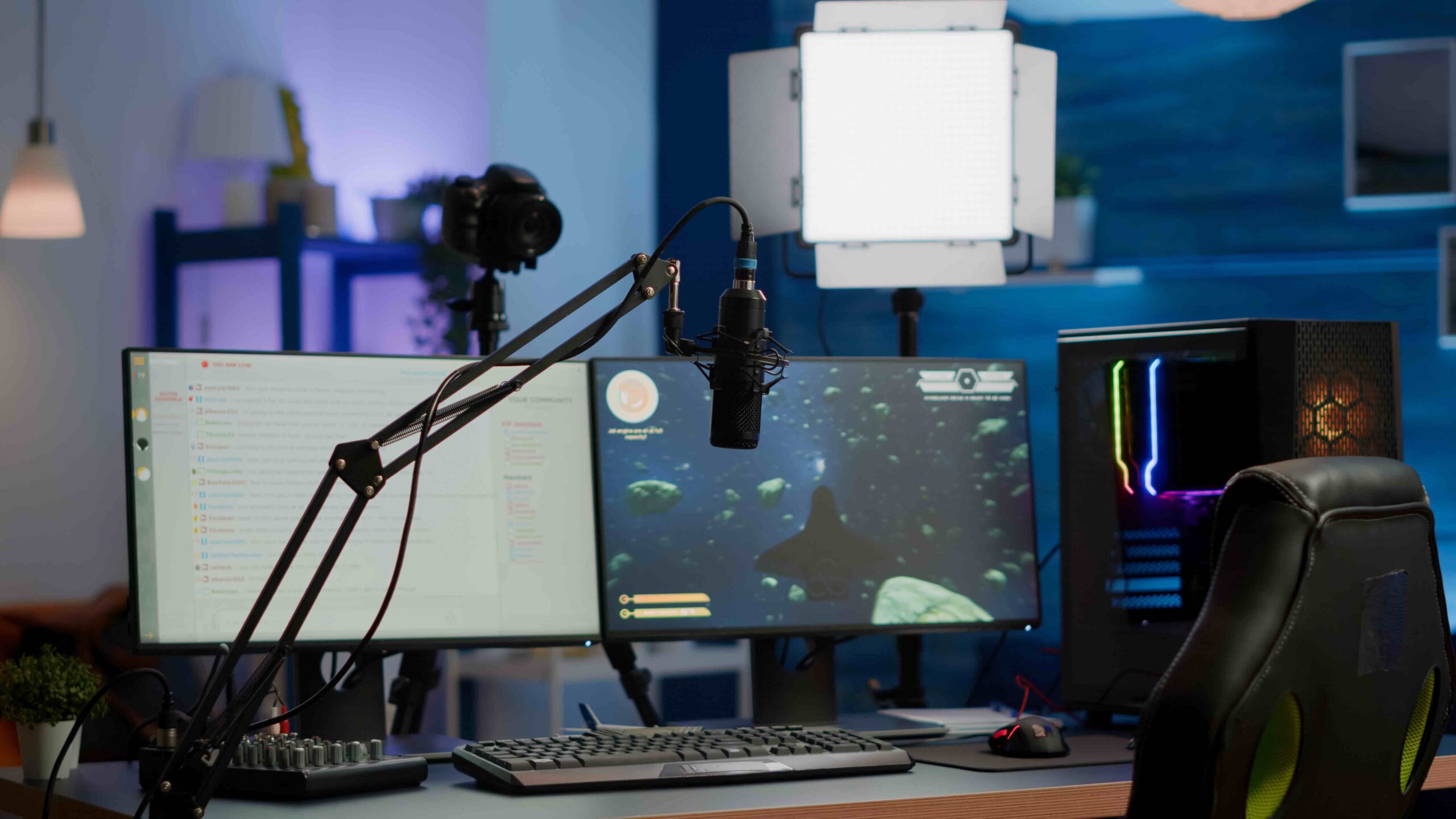 Empty gaming studio with RGB led lights powerful personal computer